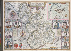 ランカスターの地図、数百に分割、1610（カラー彫刻）